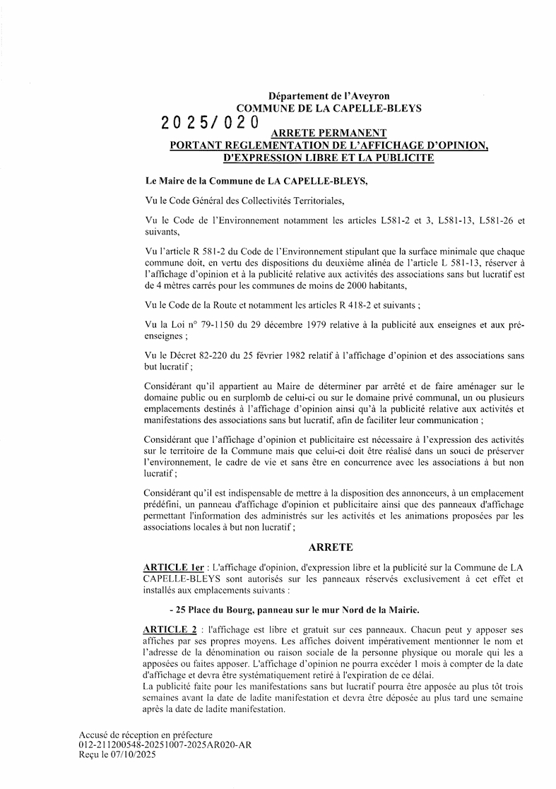 Lire la suite à propos de l’article Arrêté réglementation de  l’affichage